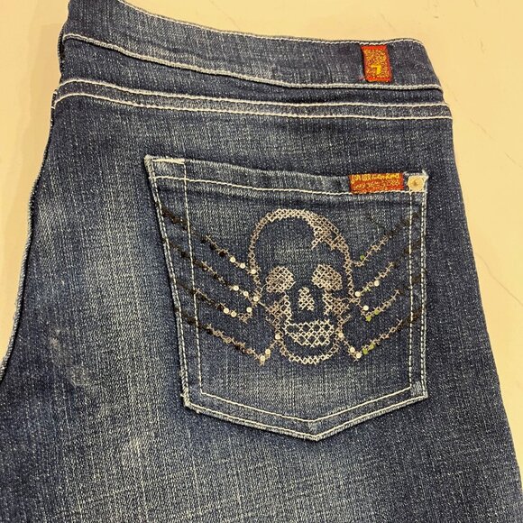 7 FOR ALL MANKIND Y2K Low Rise Embroidered Skull Pocket Boot Cut Jeans Sz 30 EUC - Picture 5 of 12